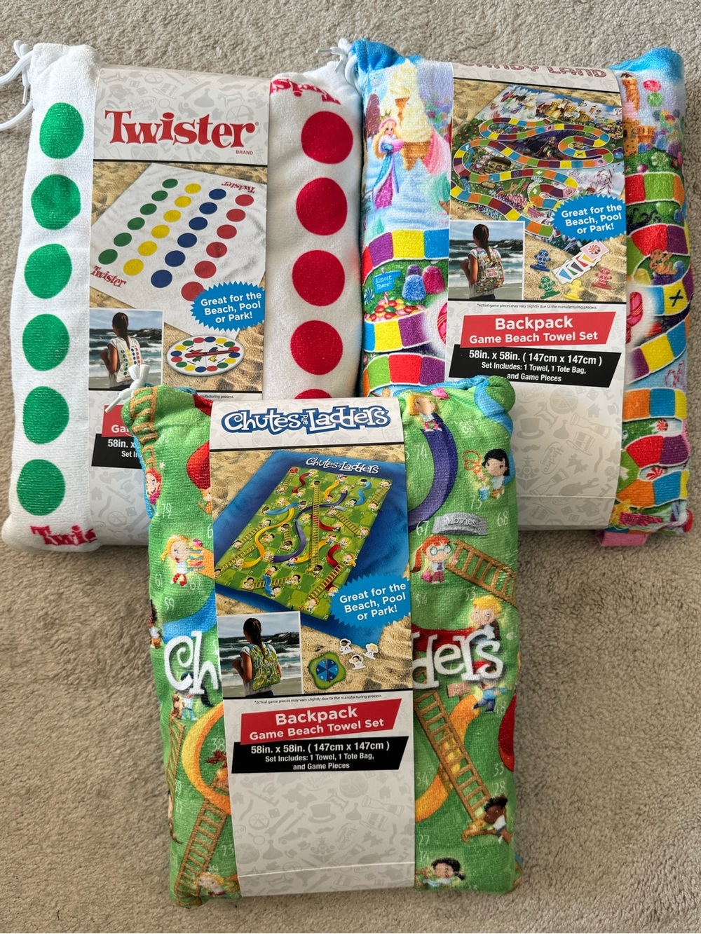 Beach blanket games with backpack! Twister, Chutes and Ladders, Candy Land NEW